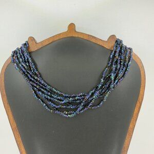 Vintage Peacock Shell Chip Necklace Chunky Multi-Strand Black Oil Slick 17"